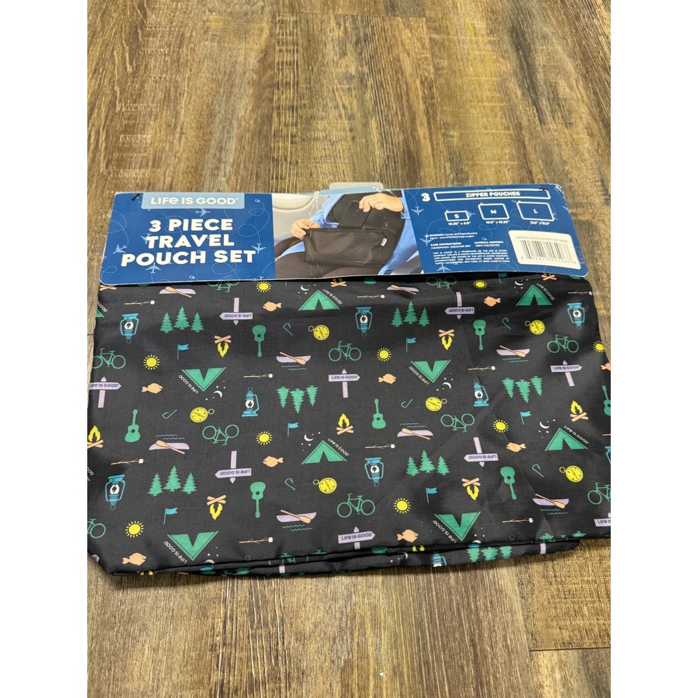 Life is Good 3 Piece Travel Pouch Set Black Camping Adventure Print LWP301-001